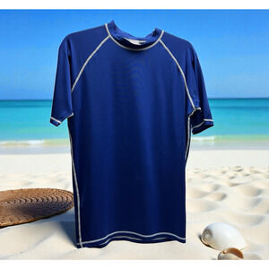 Beach Rays UV Tech Blue Rashguard Short Sleeve Size L Swim Surf Shirt Beach Wear